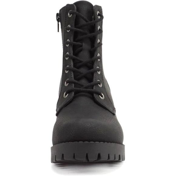 Women Black Winter Lug Sole Chunky Heel Combat Ankle Boot Lace up w/Side Zipper - Picture 3 of 4
